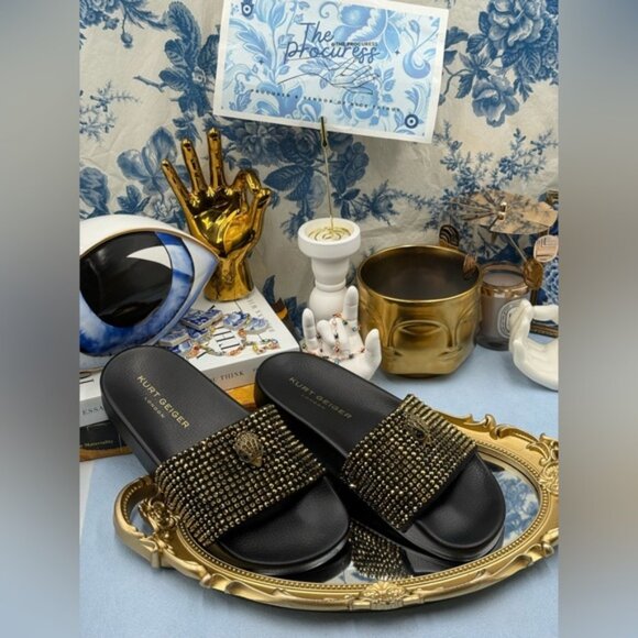 🆕 KURT GEIGER LONDON 🧿 NWOB Meena Eagle Black & Gold Studded Slide, Sz 6.5 - Picture 2 of 13